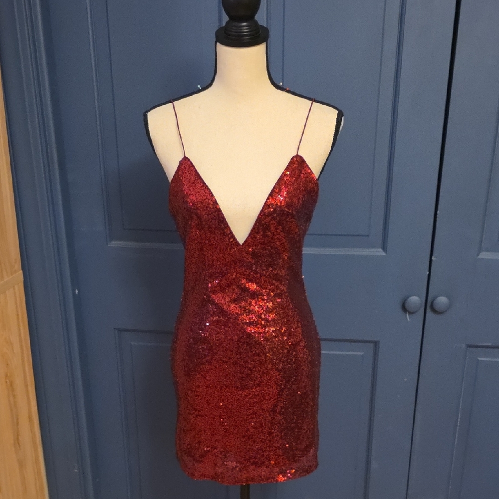 Tobi Red Sequin V-Neck Plunge Backless Spaghetti Strap Mini Dress Sz Small